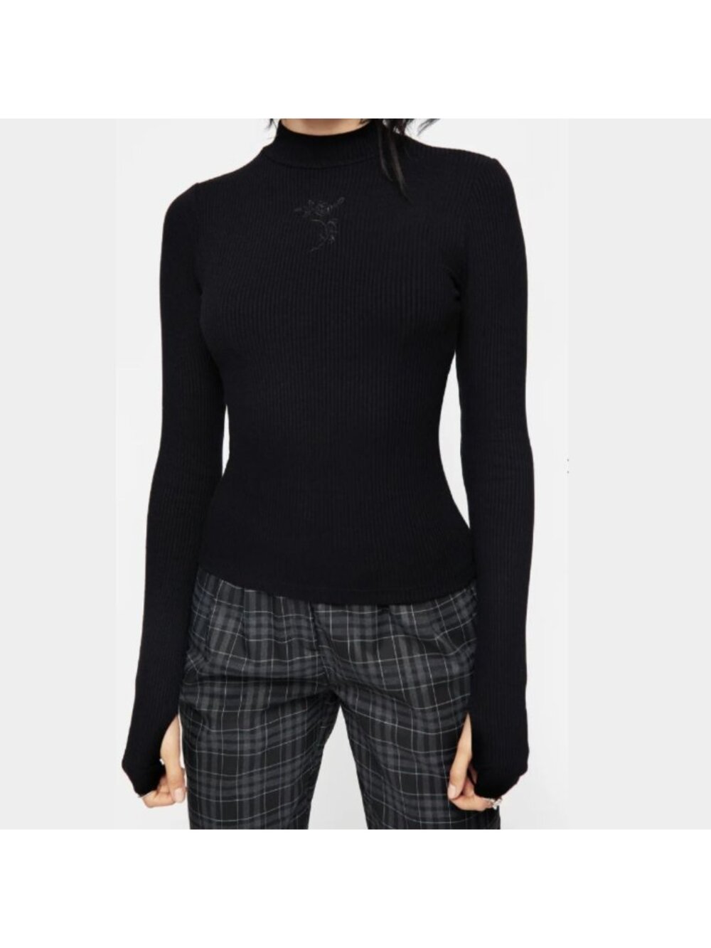 Disturbia Ribbed Top Black Lg Long Sleeve Fitted Stretch Shirt Emo Whimsigoth